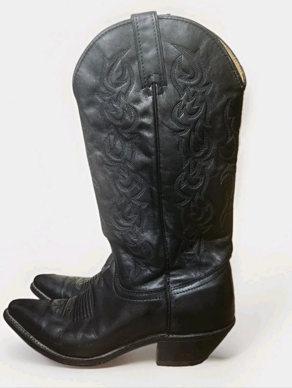 Vtg 80s/90s WRANGLER Western Riding Boots 7.5M Black Leather Made USA Cowgirl